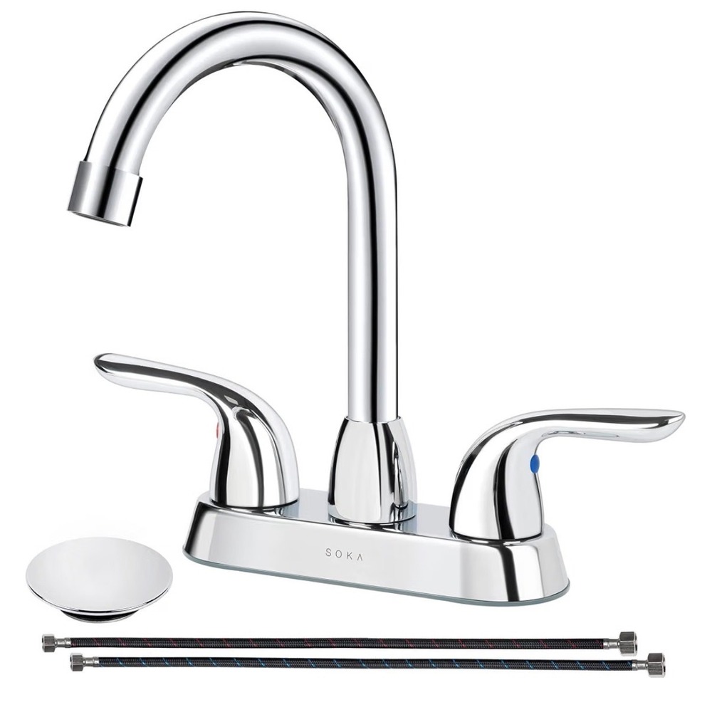 Soka Chrome Bathroom Sink Faucet Two Handle Goose Neck Assembly Brand New In Box